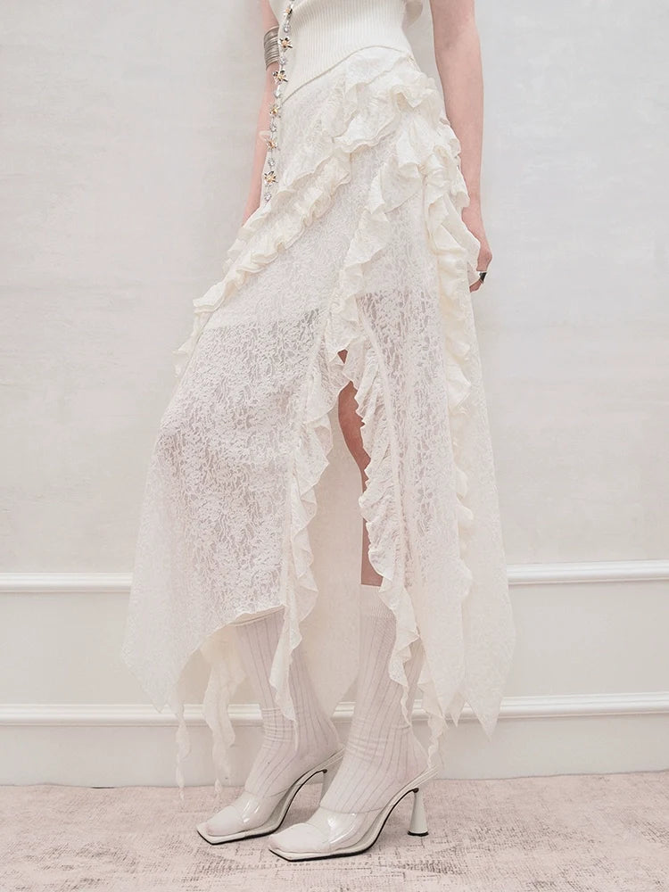 Ruffled Layer Asymmetrical Midi Skirt