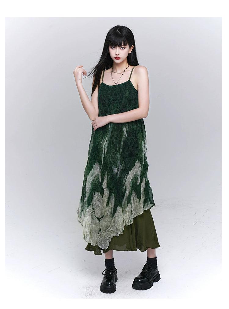 Forest Sprite Layered Maxi Dress - Women'S Green Ombre Tie-Dye Slip Dress With Asymmetrical Hem
