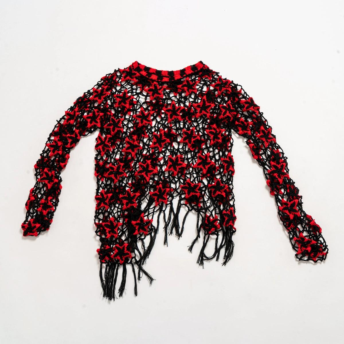 Red And Black Floral Crochet Sweater