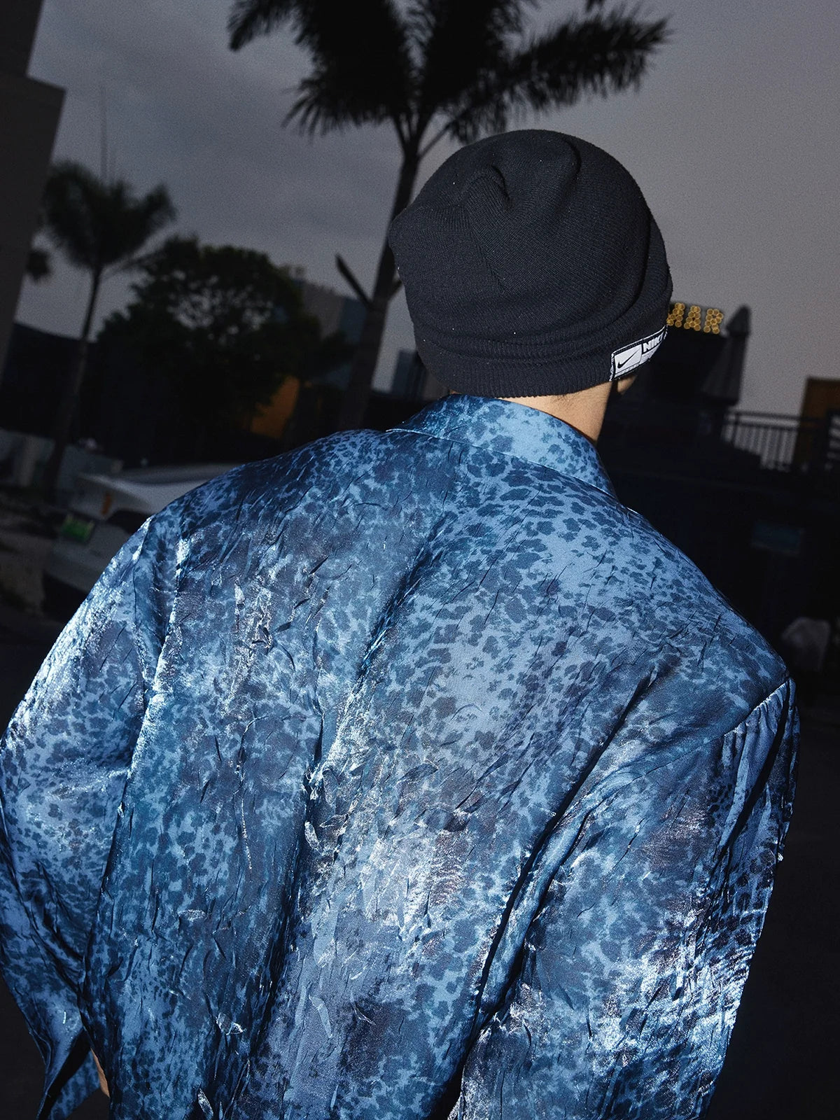 Navy Blue Shiny Leopard Print Button-Up Shirt