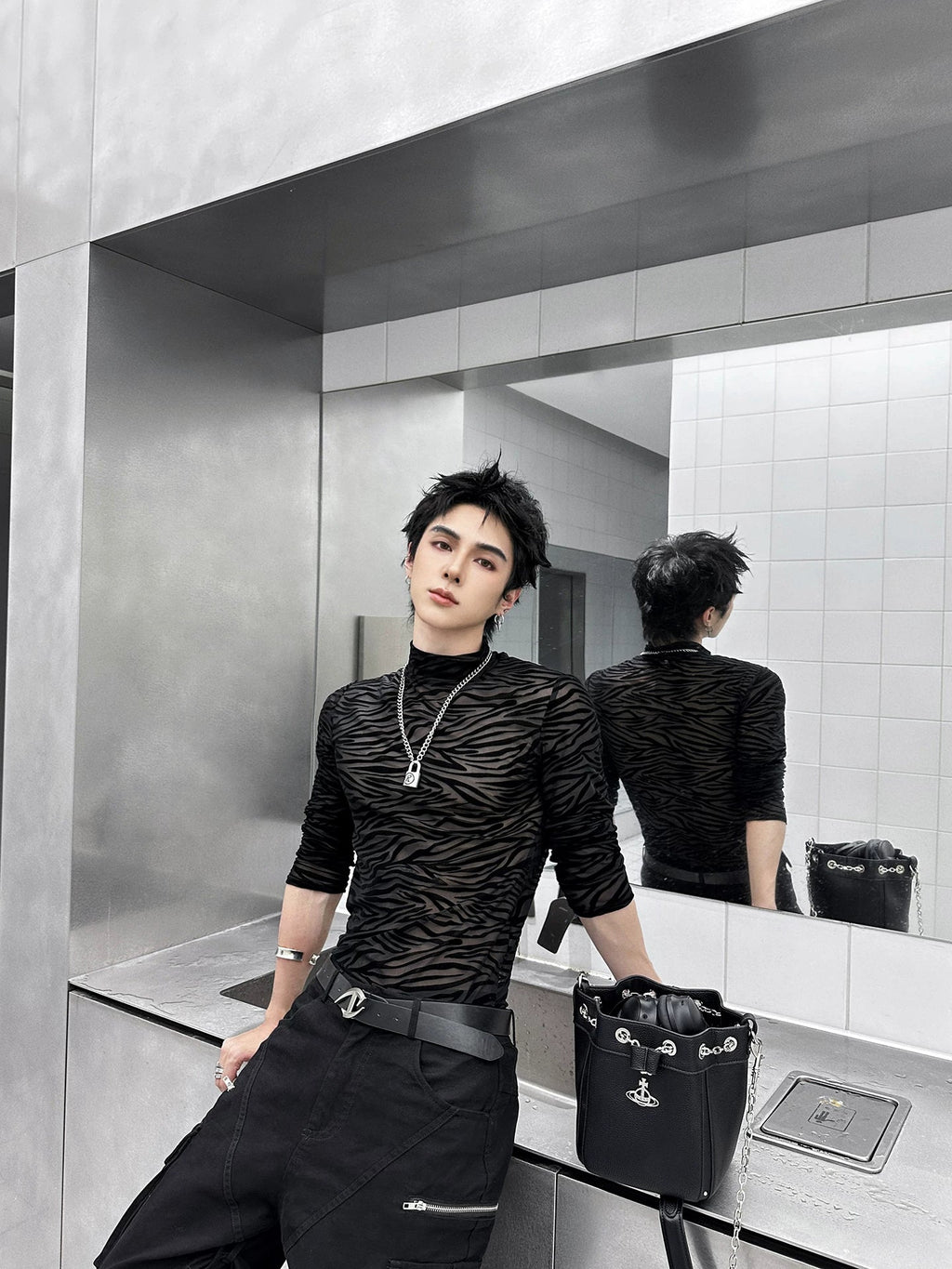 Shadowstripe Sheer Mesh Turtleneck