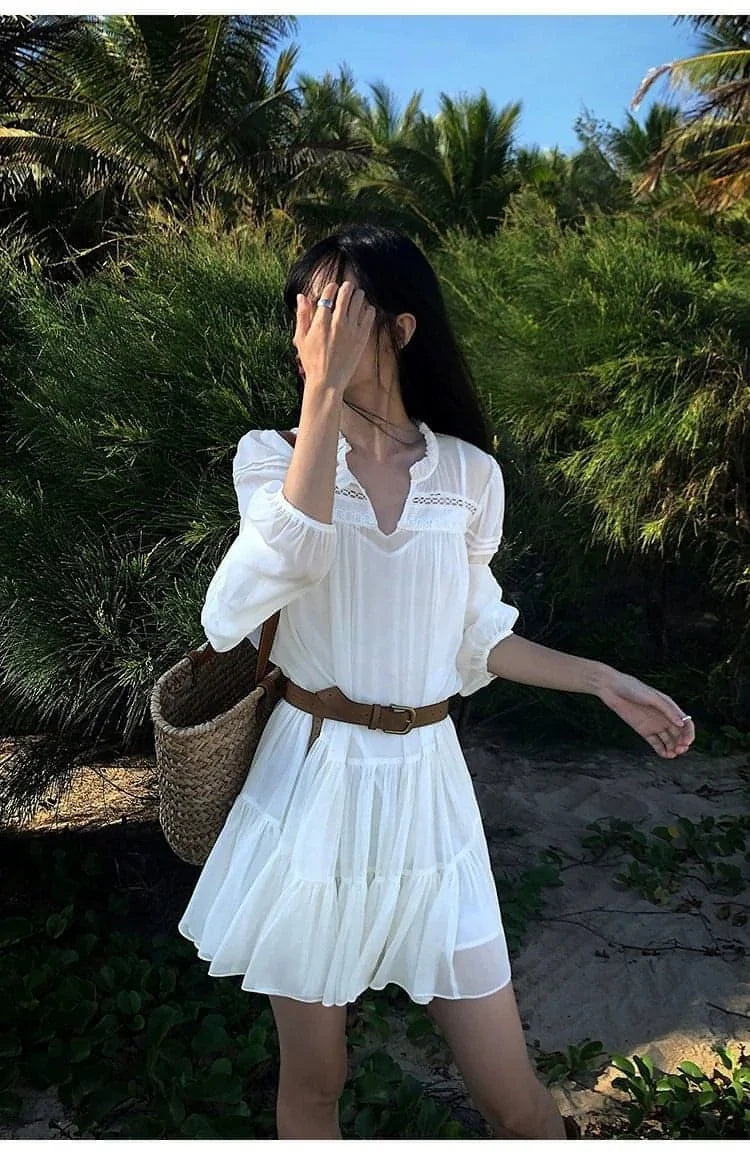 French-Style Ruffle Mini Shirt Dress
