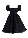 Elegant Square Neck Puff Sleeve Jacquard Dress