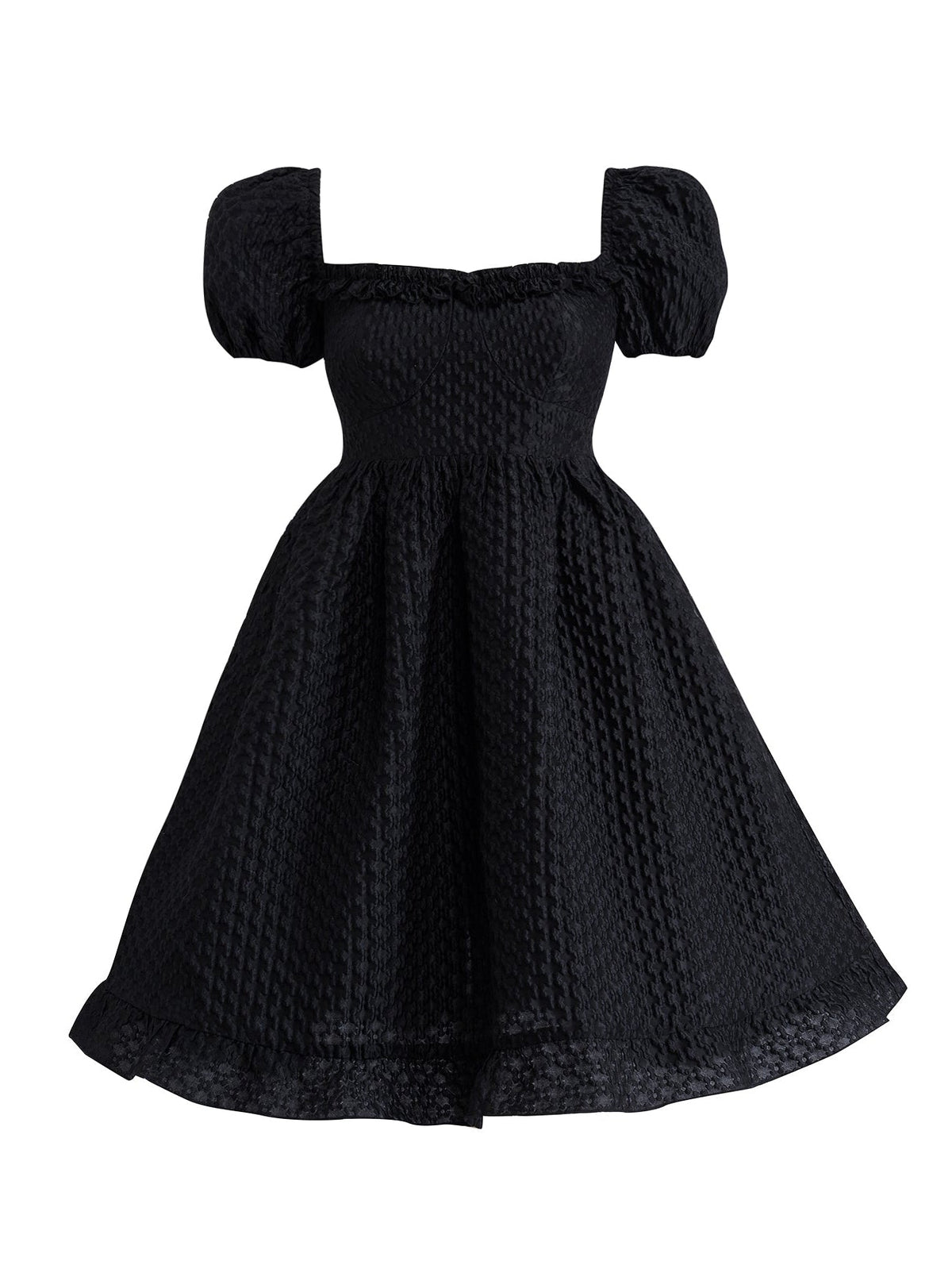 Elegant Square Neck Puff Sleeve Jacquard Dress