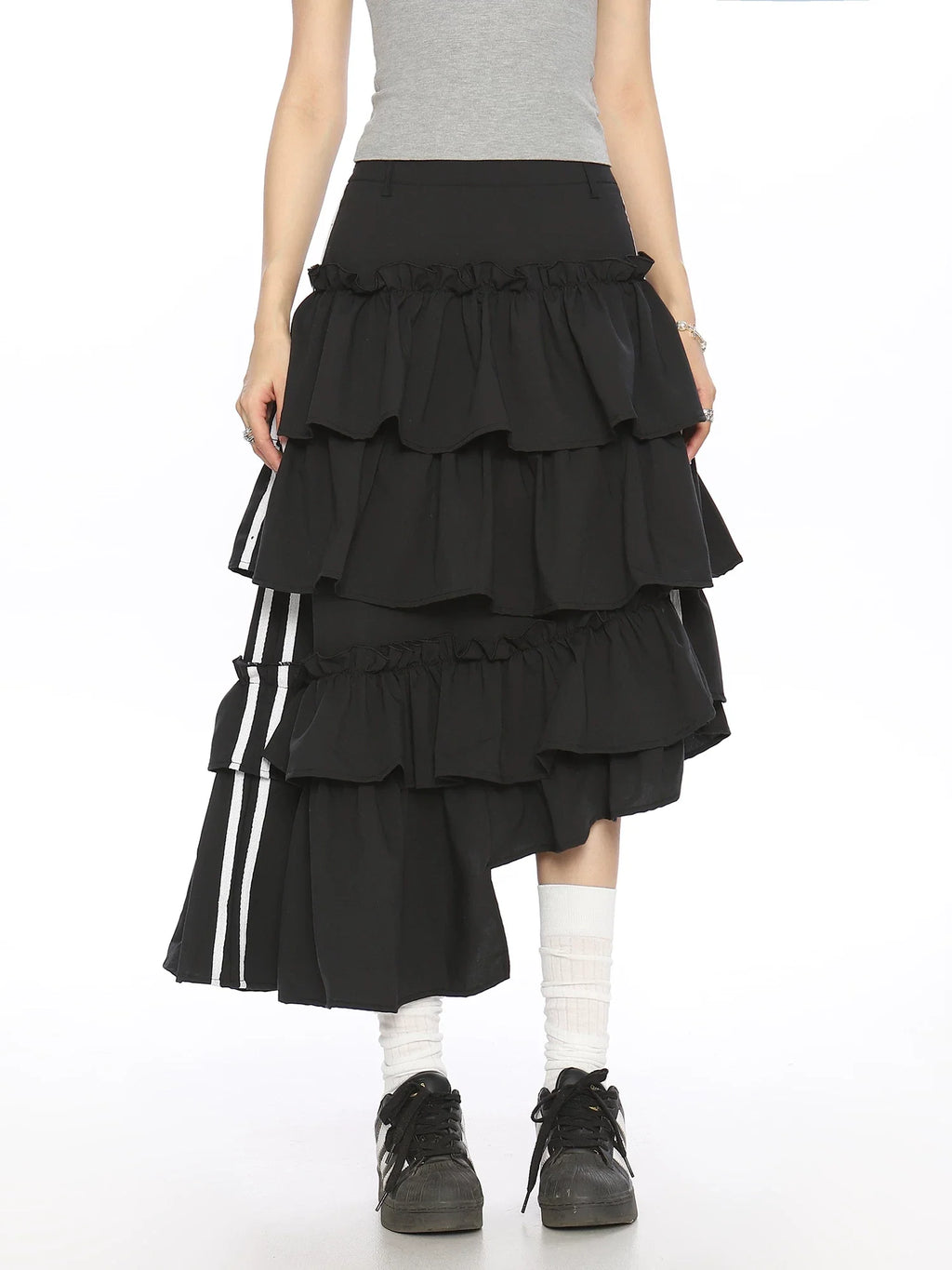 Asymmetric Tiered Ribbon Midi Skirt