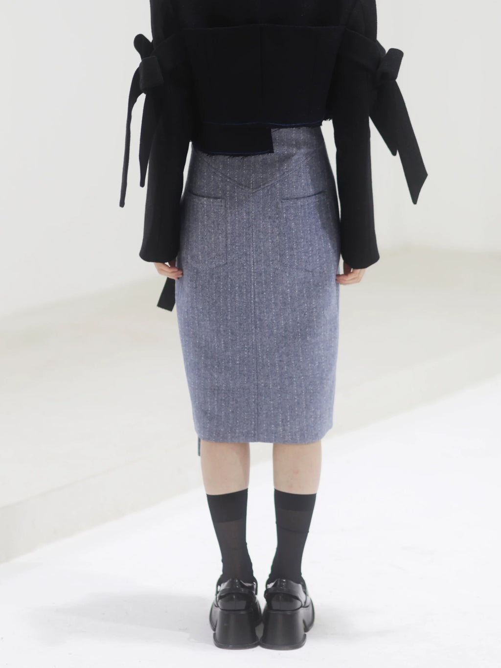 Steel Herringbone Pencil Midi Skirt