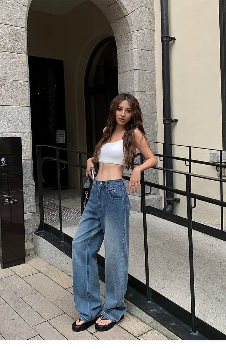High-Waist Loose Wide-Leg Denim Jeans