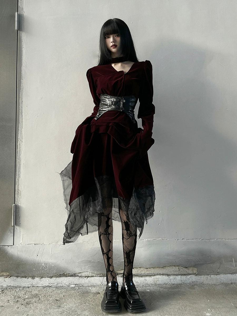 Burgundy Velvet Gothic Maxi Dress