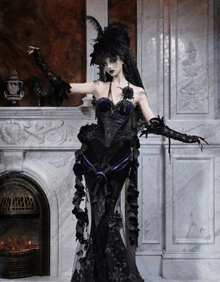 Gothic Black Velvet and Sheer Floral Mermaid Skirt