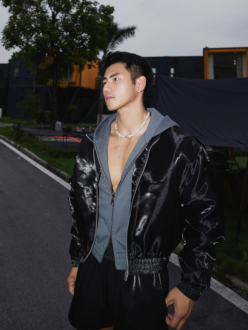 Black Glossy Zip Up Jacket and Short