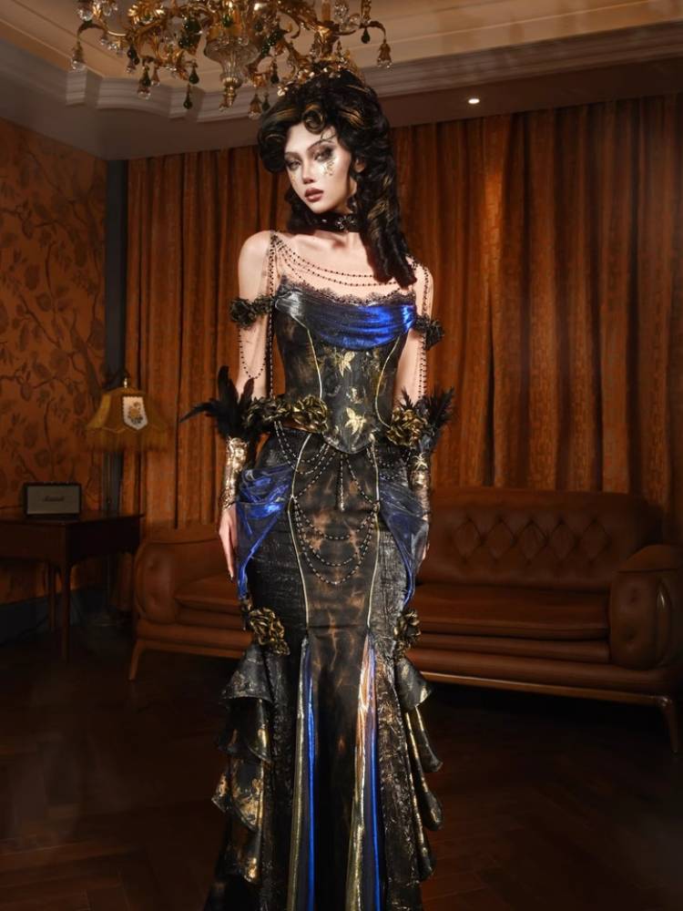 Blue Velvet Victorian Bustle Maxi Skirt
