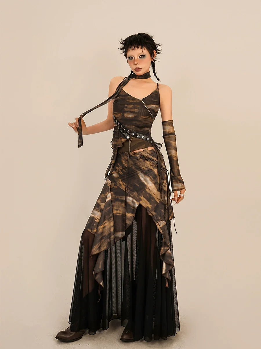 Abstract Tie-Dye Asymmetrical Skirt - Brown and Black