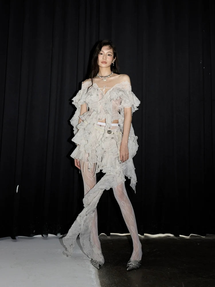 Asymmetrical Tiered Lace Ruffle Skirt in White
