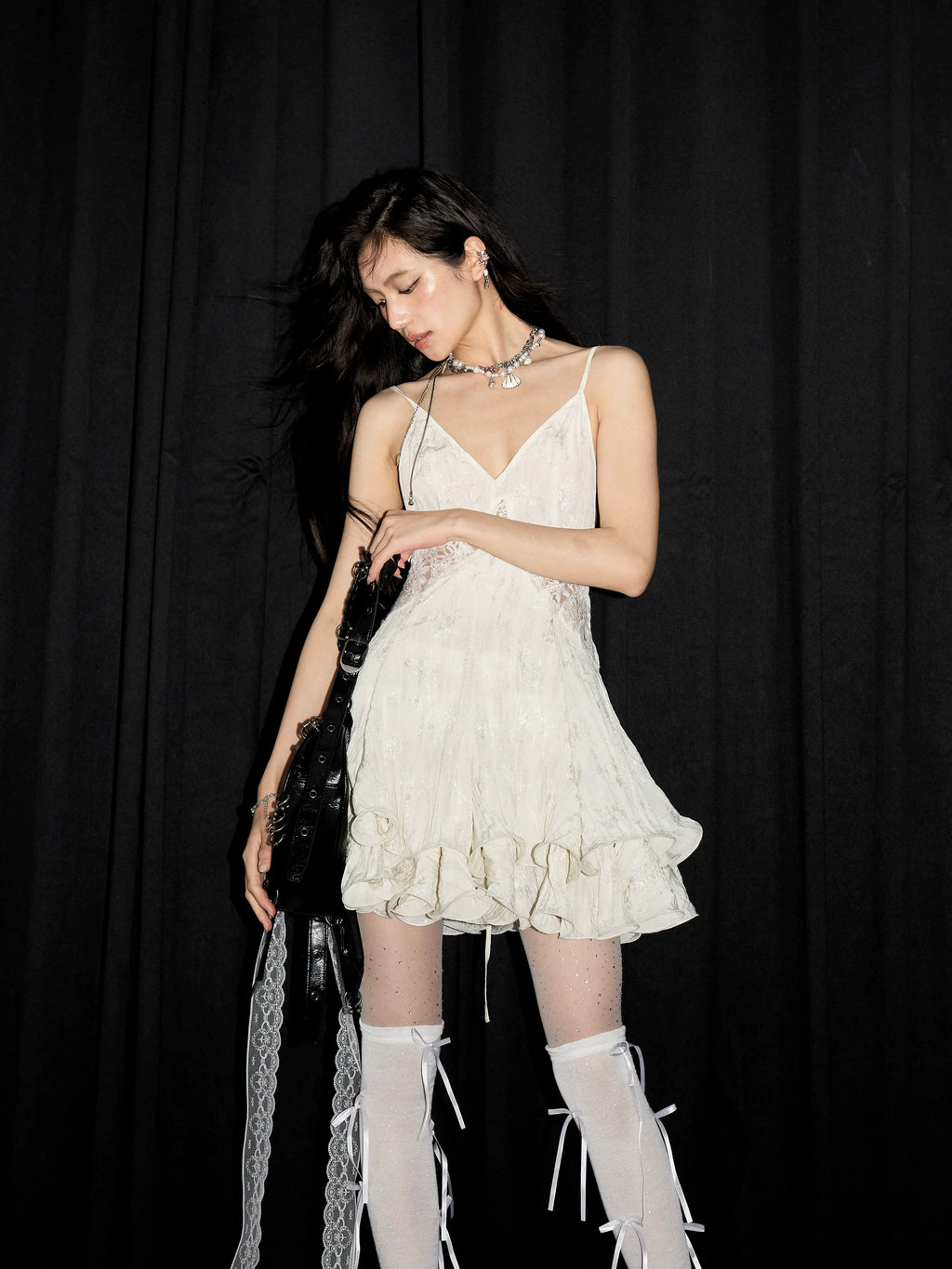 White Lace Slip Dress with Ruffle Hem