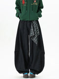 Plaid-Tie Barrel Denim Pants