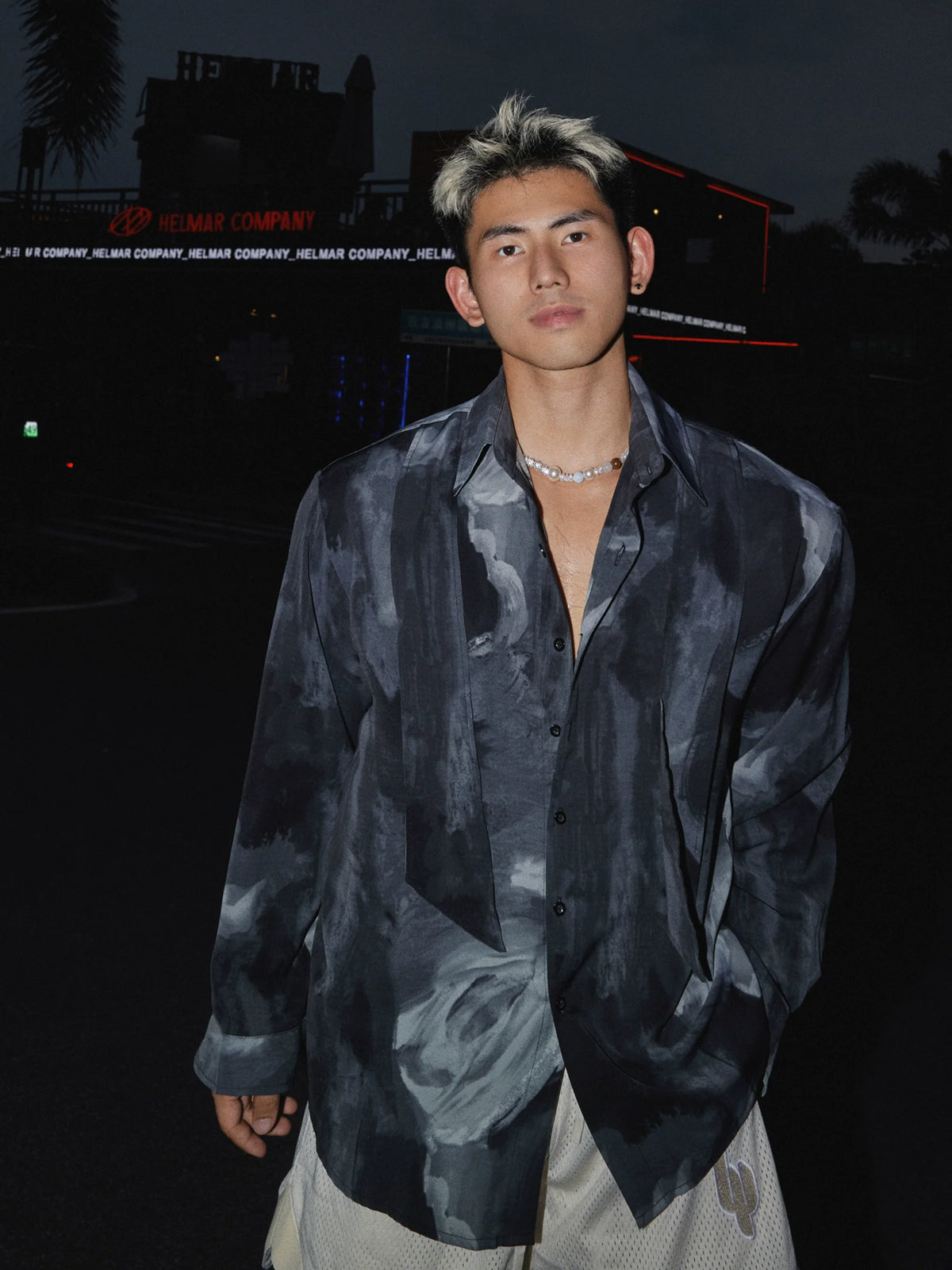 Abstract Satin Oversized Shirt