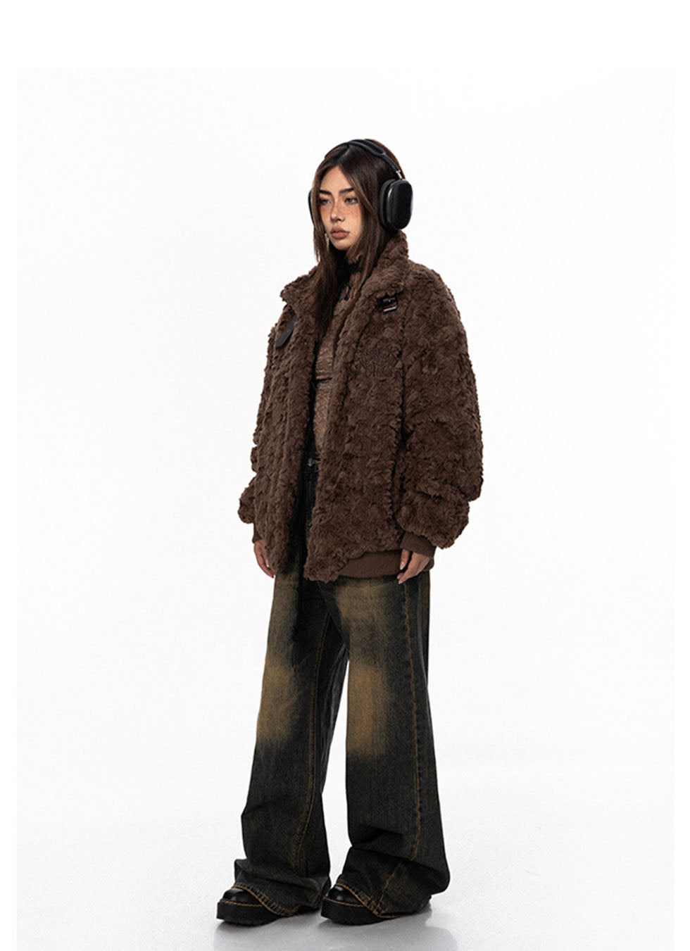 Brown Textured Fleece Buckle Coat
