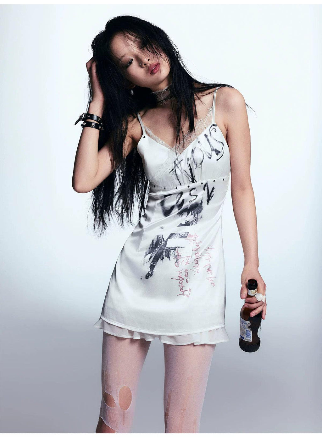 White Distressed Graphic Tank Dress - Women'S Sleeveless Mini Bodycon With Grunge Print