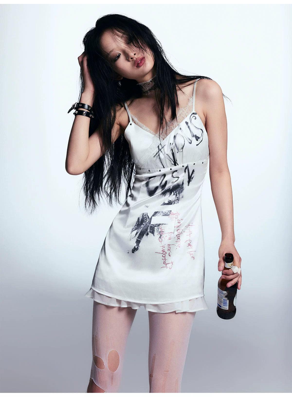 White Distressed Graphic Tank Dress - Women'S Sleeveless Mini Bodycon With Grunge Print