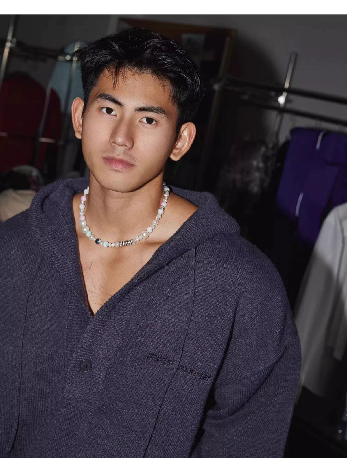 Blue Knit Hooded Henley Sweater