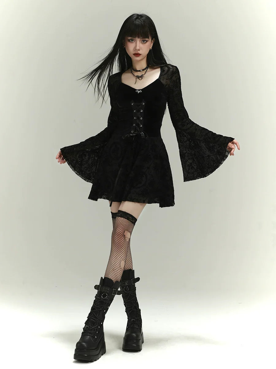 Lady Ghost Black Gothic Lace Bell-Sleeve Mini Dress