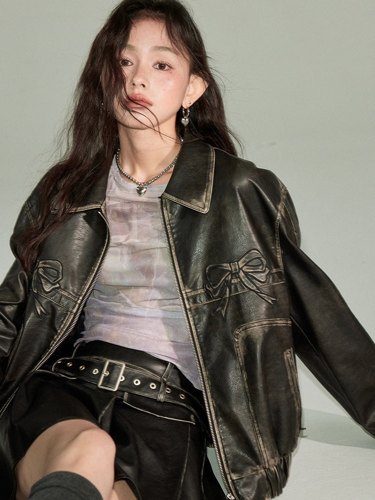 DIDDI MODA Bow-Detail Colorblock Faux-Leather Jacket