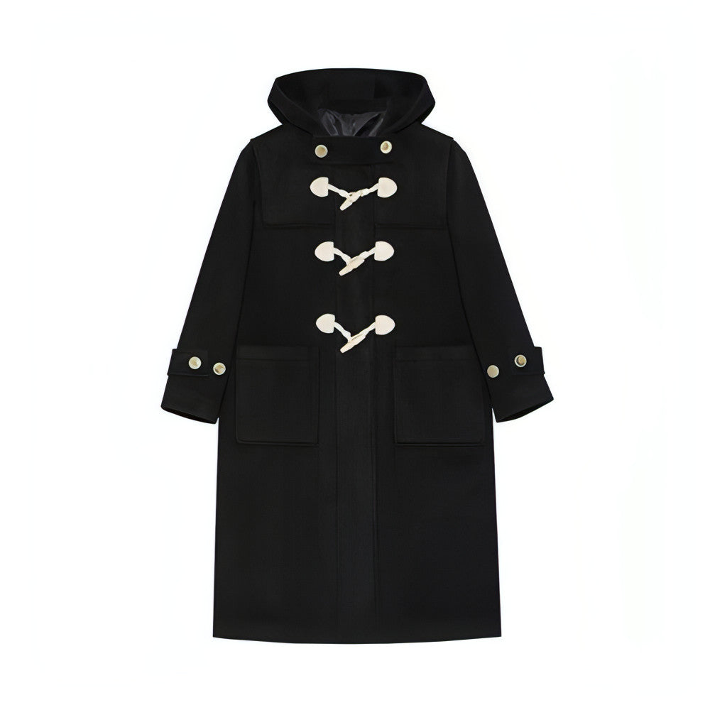 Winter Thicken College Style Hooded Mid-Length Melton Wool Coat