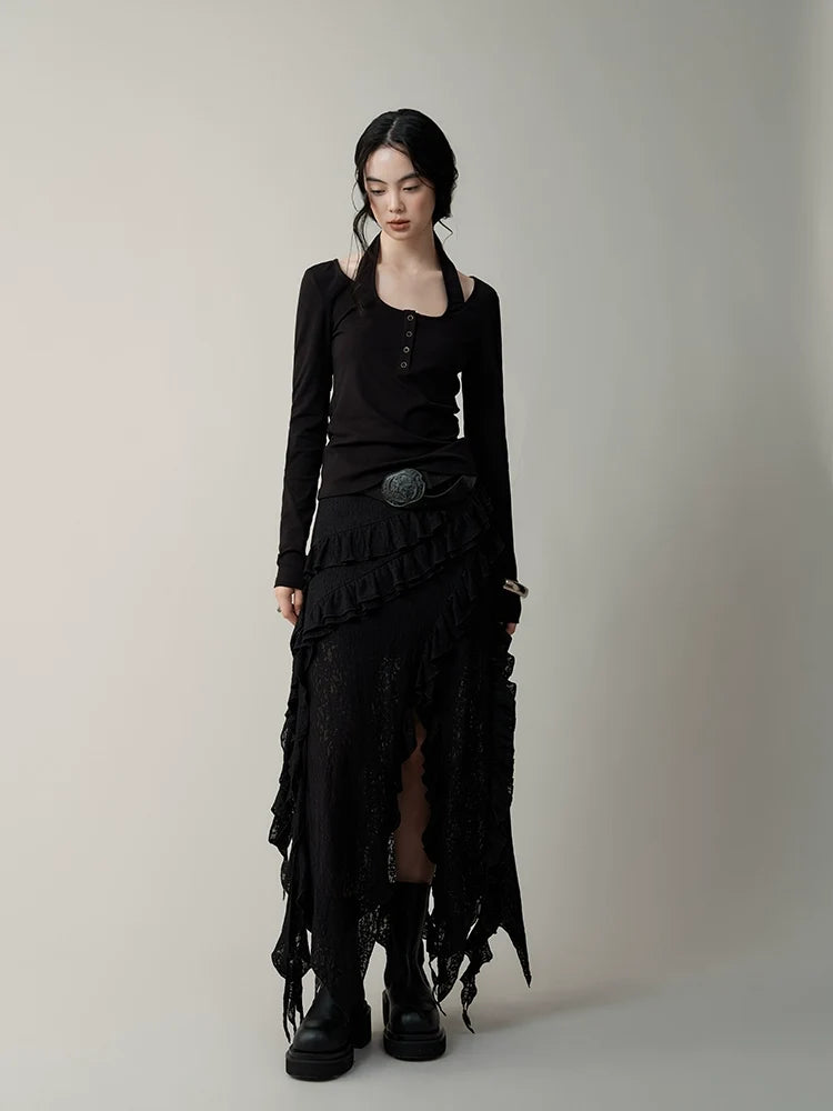 Ruffled Layer Asymmetrical Midi Skirt