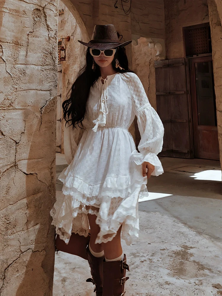 Maixu White Ruffle Long-Sleeve Midi Dress