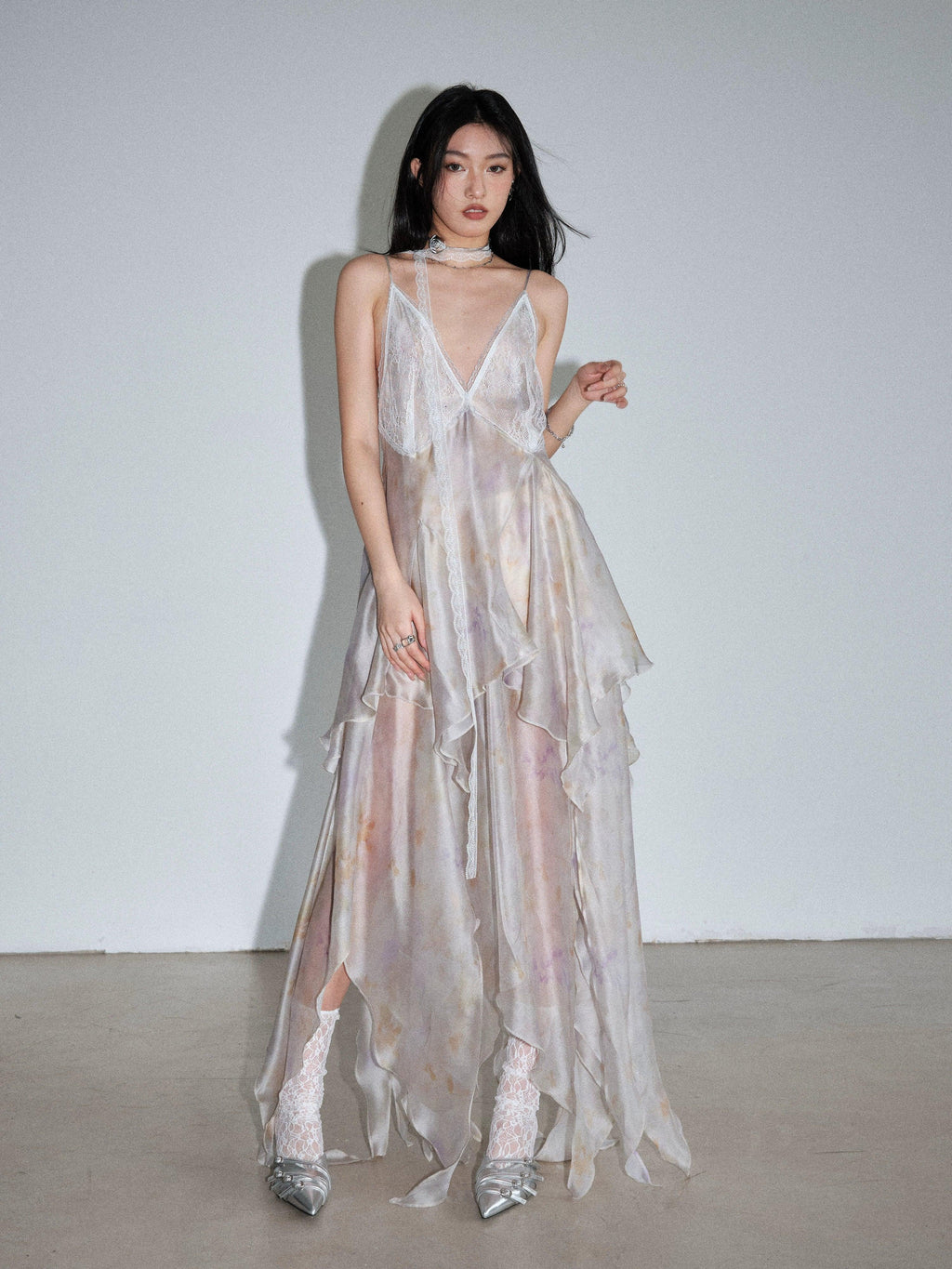 Ivory Layered Chiffon Slip Dress