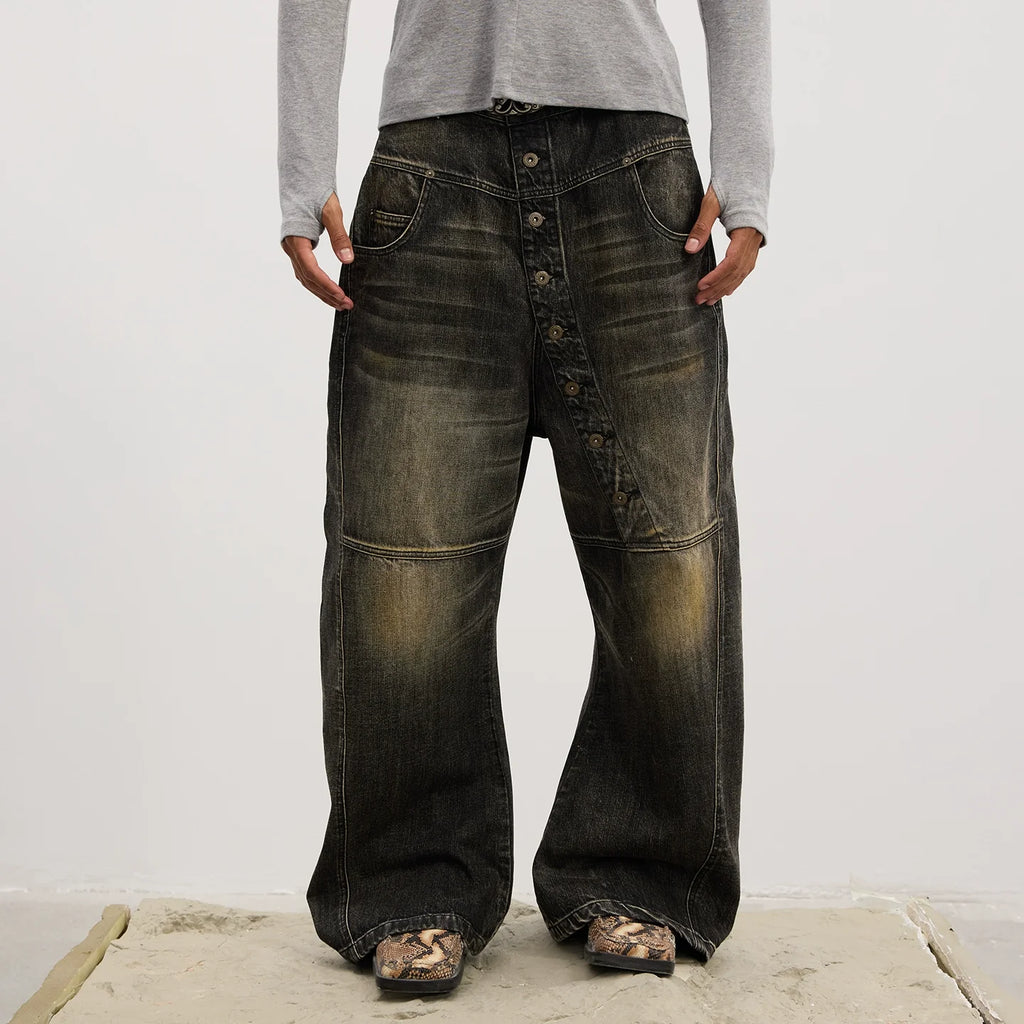 Asymmetric Button Wide-Leg Jeans
