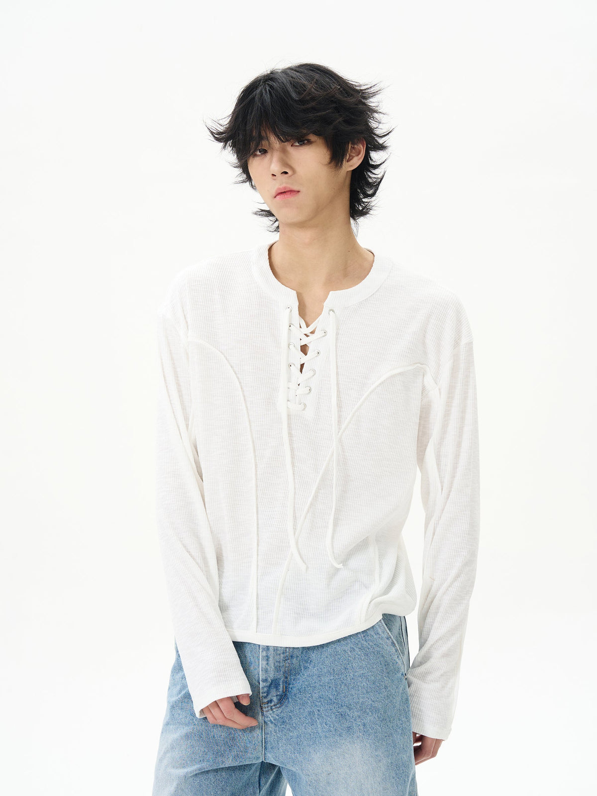 White Linen Lace-Up Henley Shirt