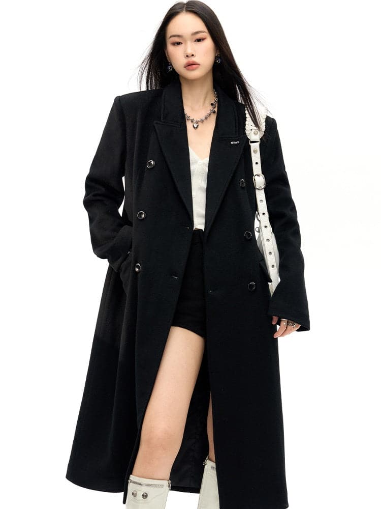 Double-Breasted Wool Long Coat - Slim Waist Tailored Winter Outerwear