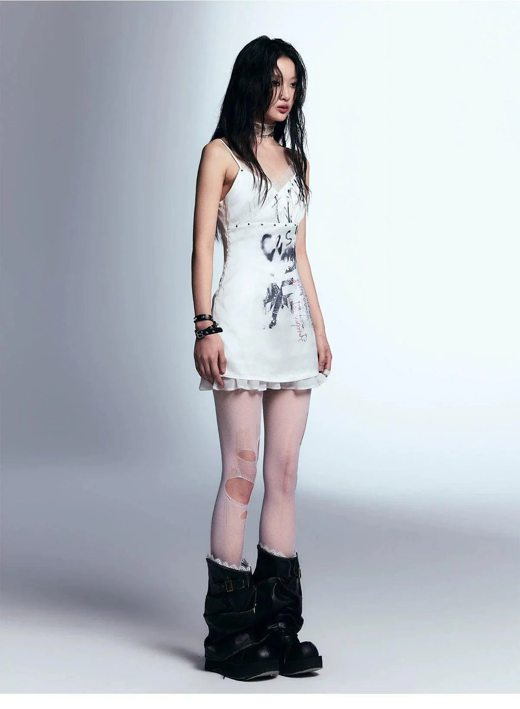 White Distressed Graphic Tank Dress - Women'S Sleeveless Mini Bodycon With Grunge Print