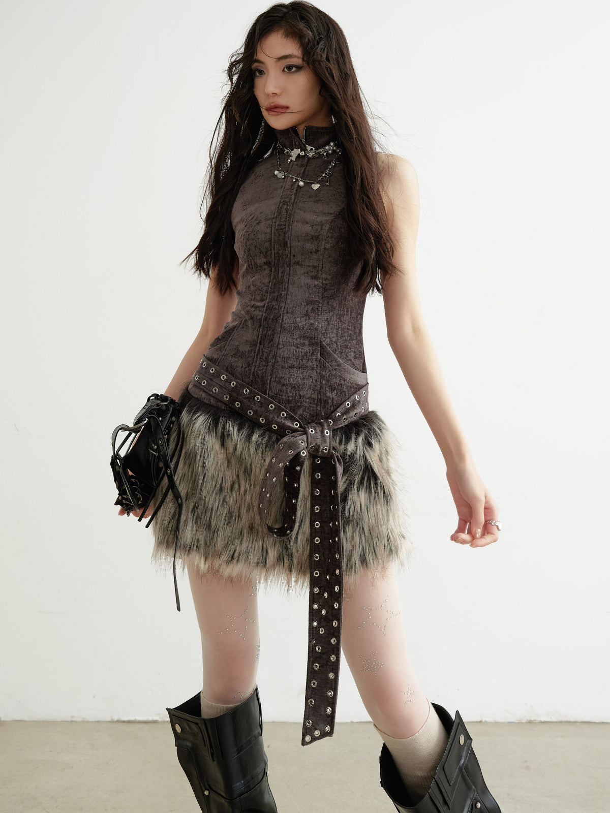 Faux Fur Belted Vest Dress