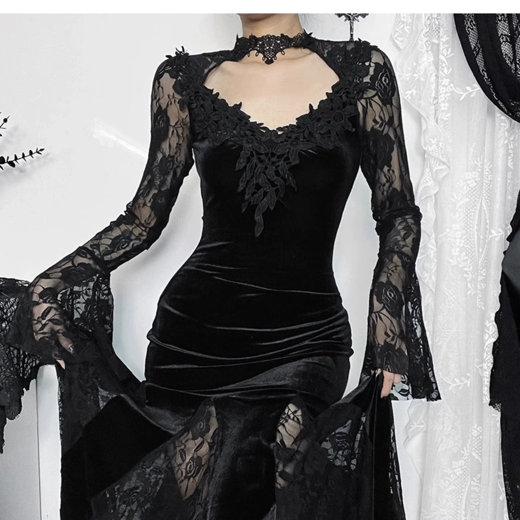 Gothic Velvet Mermaid Gown-Long Sleeve Lace Floor-Length Dress With High Collar