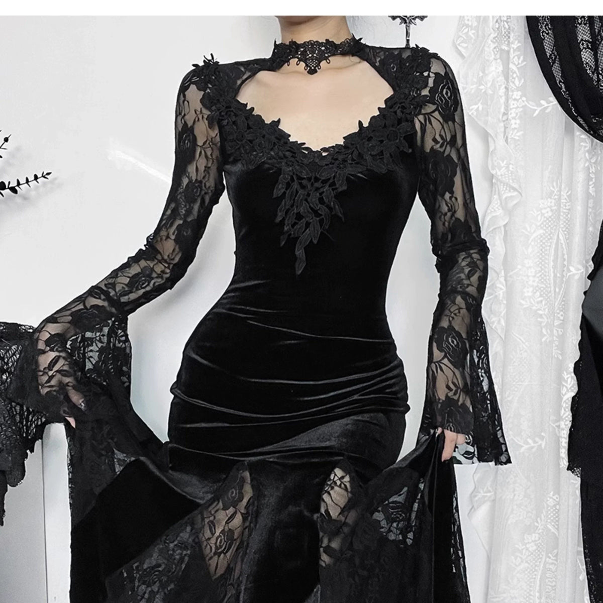 Gothic Velvet Mermaid Gown-Long Sleeve Lace Floor-Length Dress With High Collar