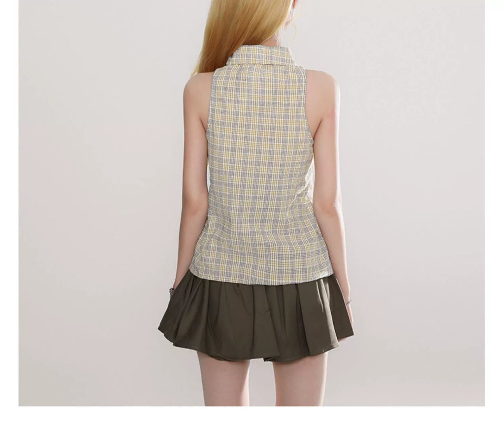 Plaid Sleeveless Button-Up Shirt with Brown Pleated Skirt