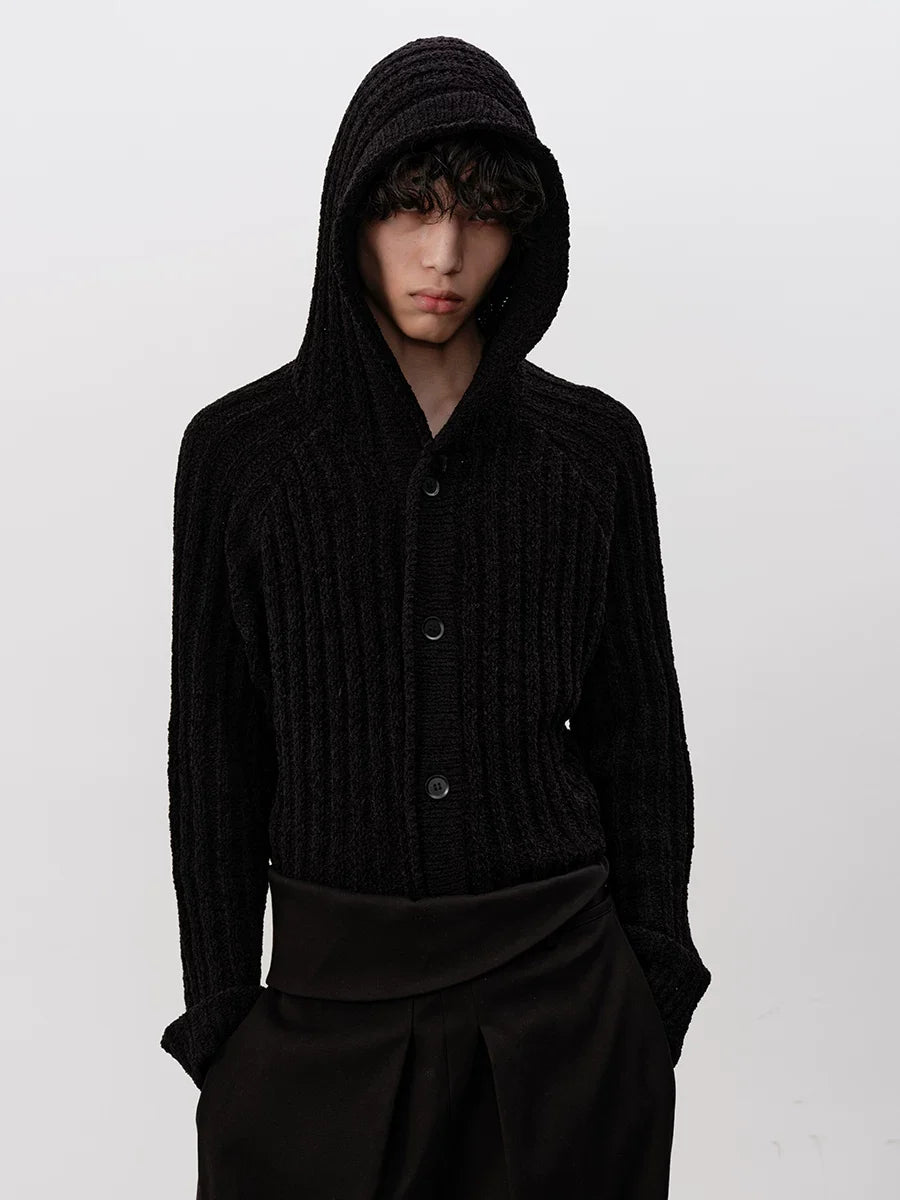 Ribbed Button-Up Knit Hoodie Cardigan