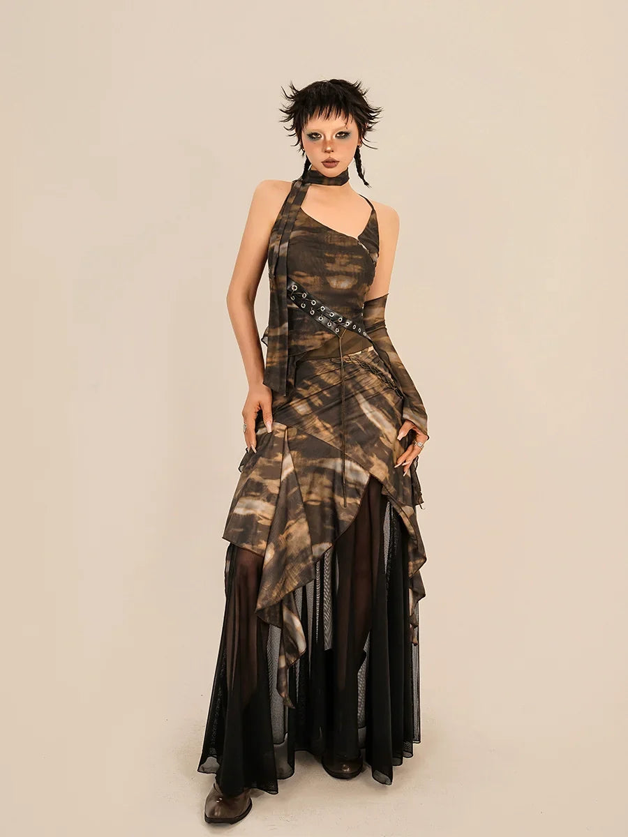 Abstract Tie-Dye Asymmetrical Skirt - Brown and Black