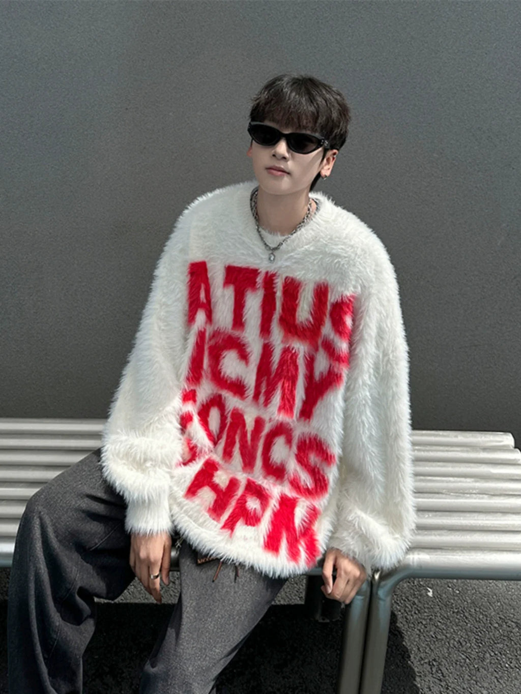 Fuzzy Sweater with Bold Lettering