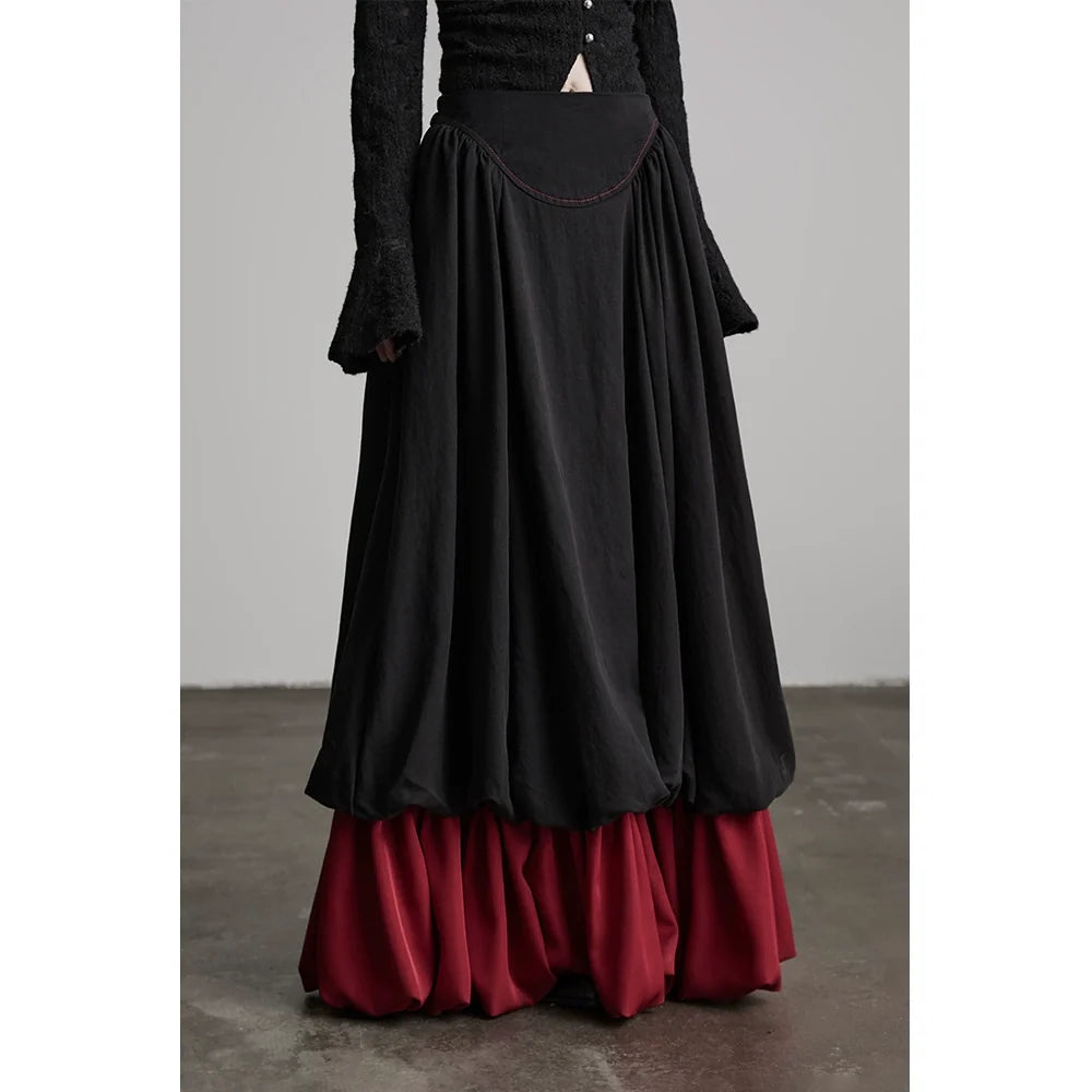 Black Patchwork Faux Two-Piece A-Line Skirt