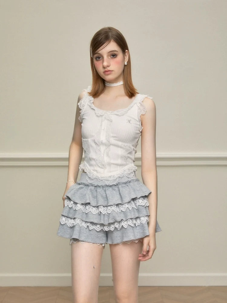 Lace Trim Tiered Ruffle Skort
