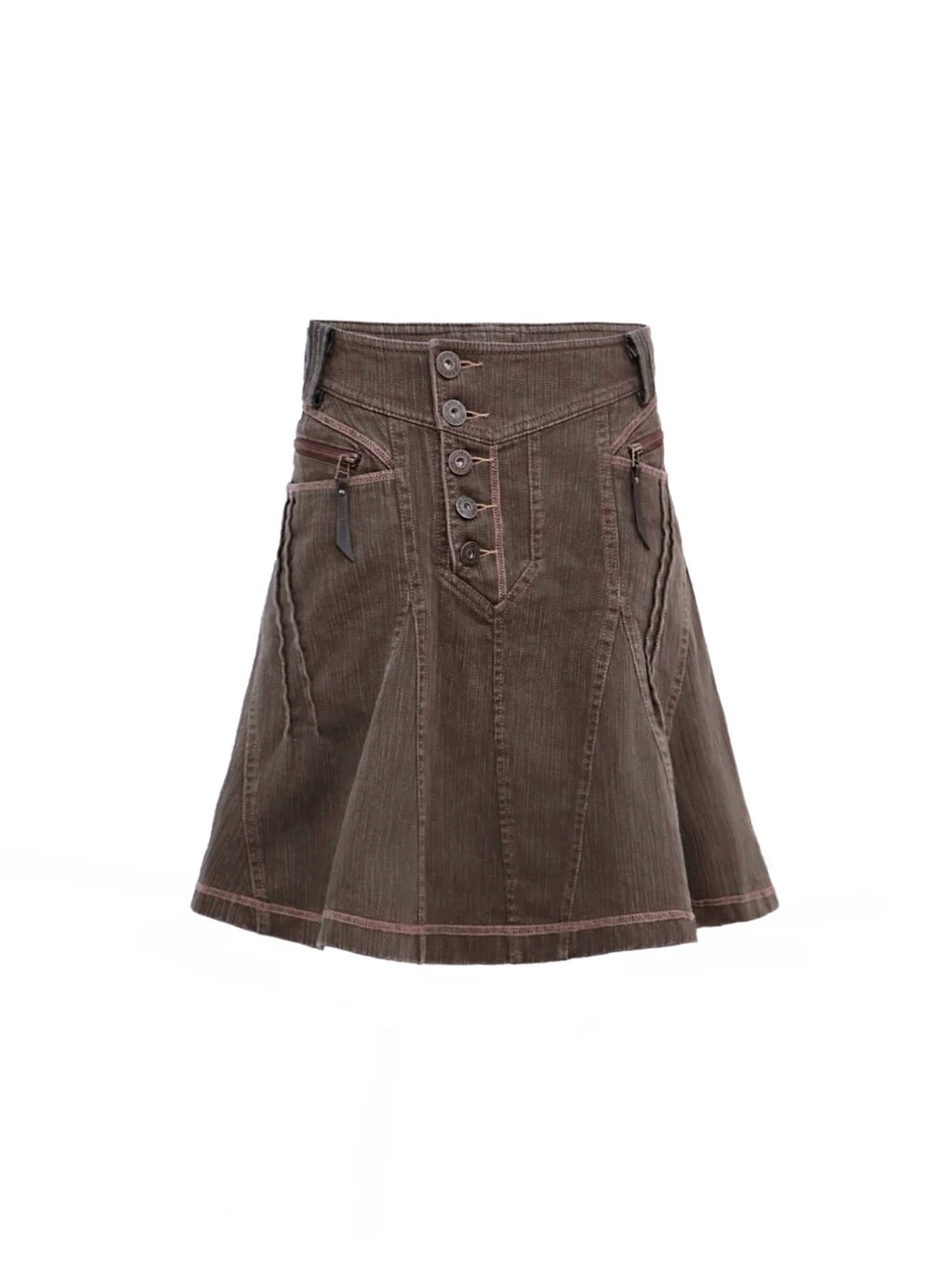 Walnut Panel Button A‑Line Skirt