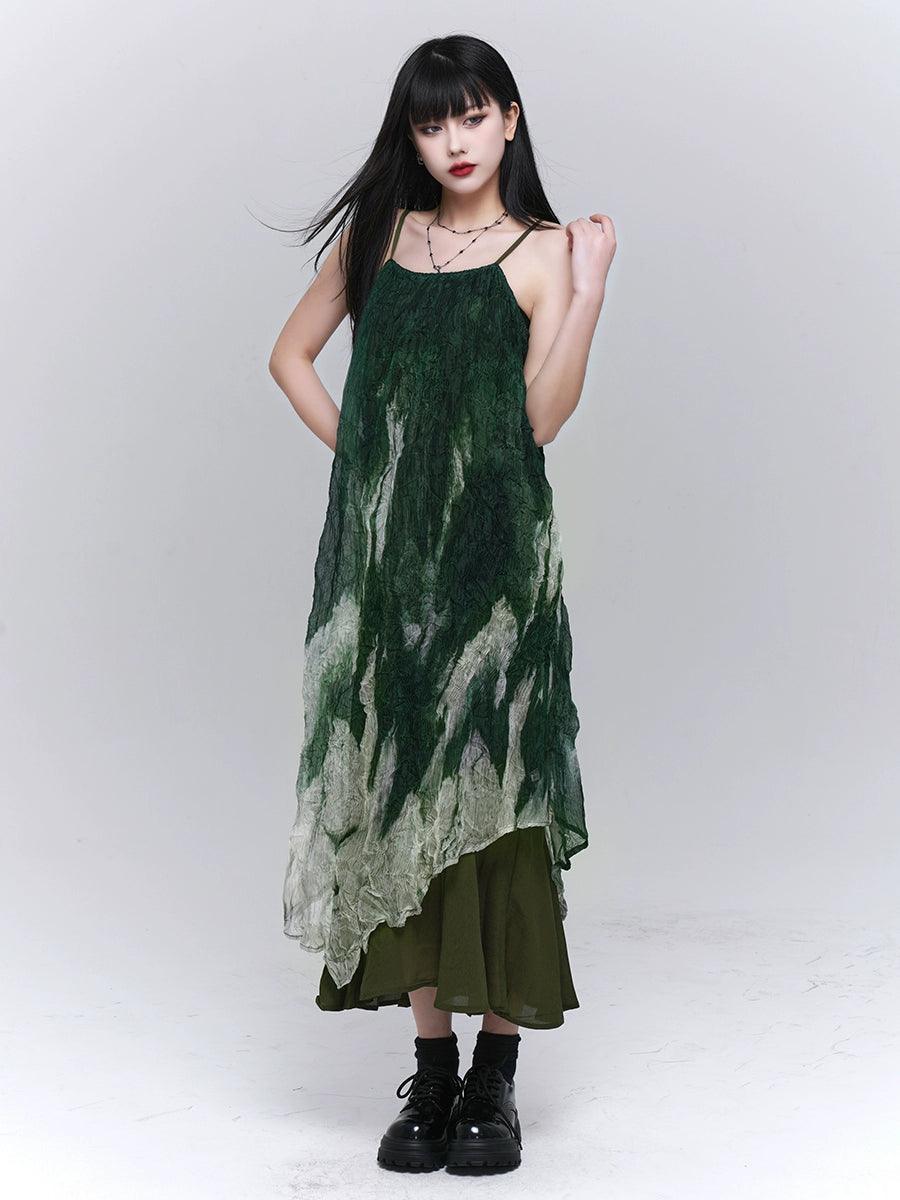 Forest Sprite Layered Maxi Dress - Women'S Green Ombre Tie-Dye Slip Dress With Asymmetrical Hem