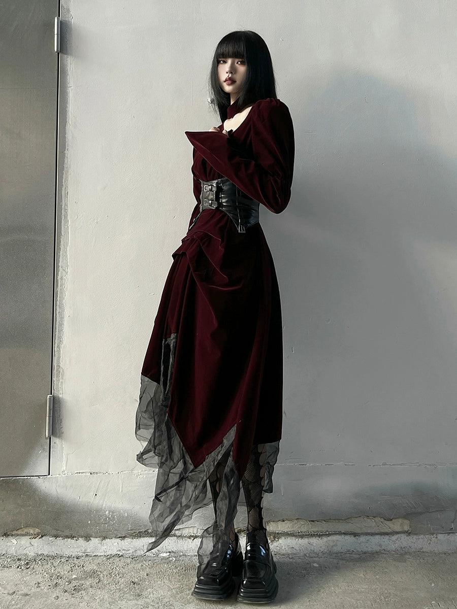 Burgundy Velvet Gothic Maxi Dress
