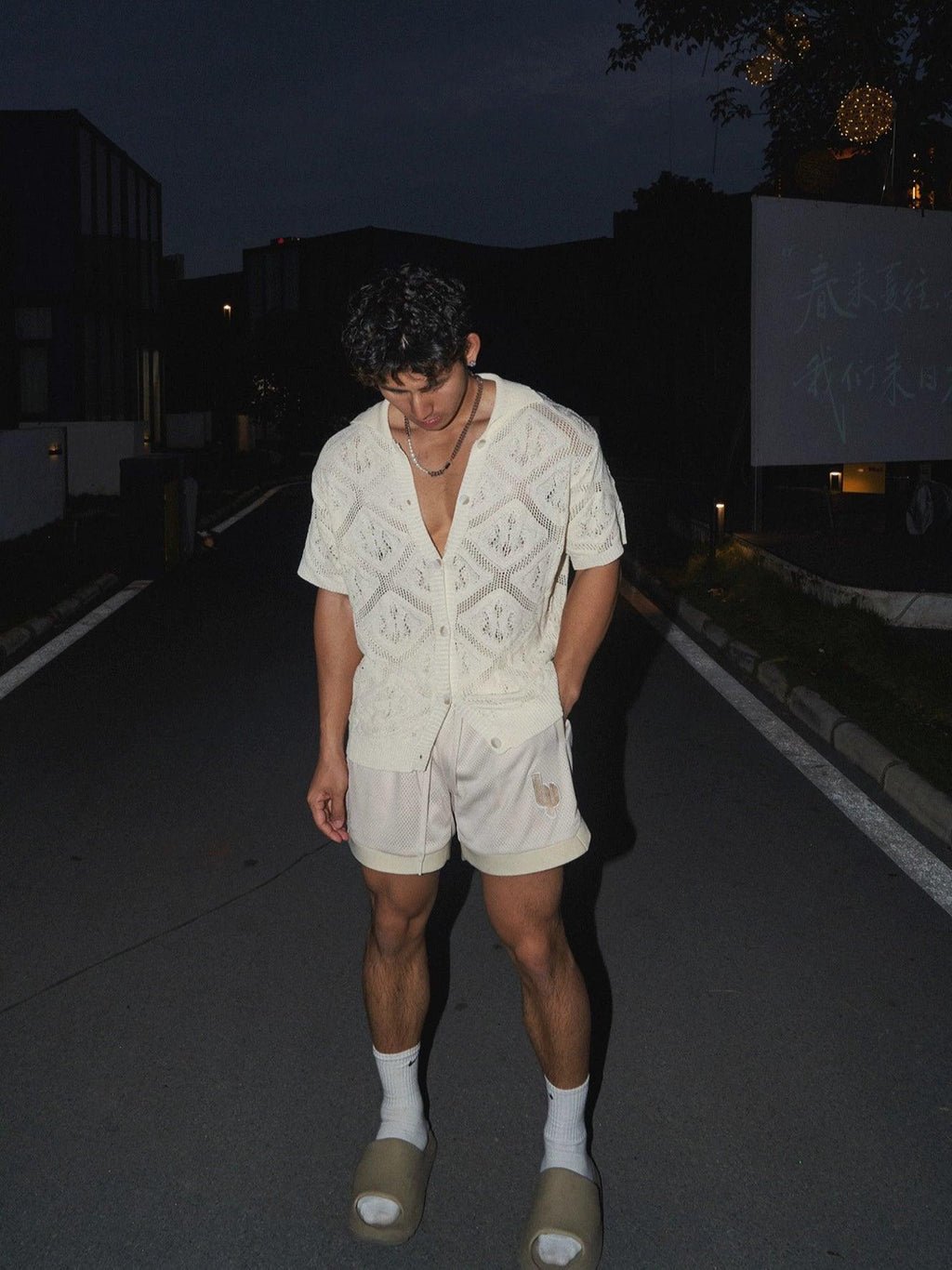 Men's White Crochet Button-Up Shirt