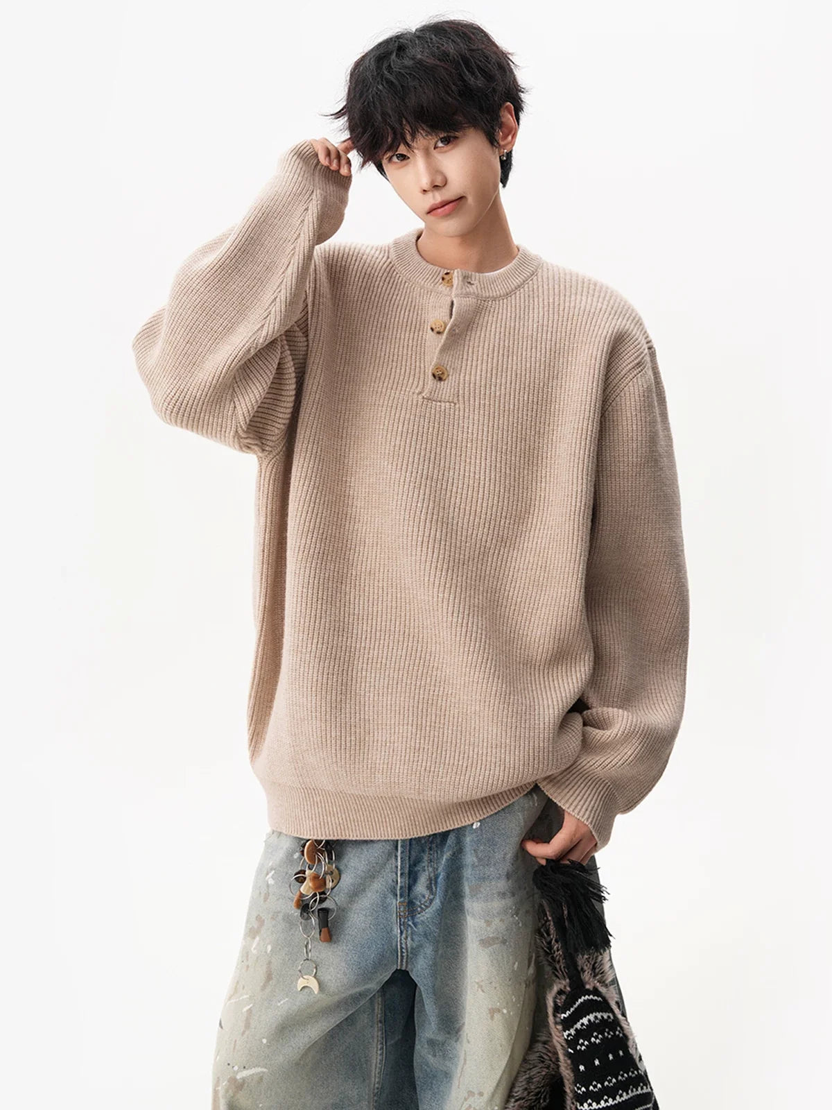 Waffle Henley Knit Sweater