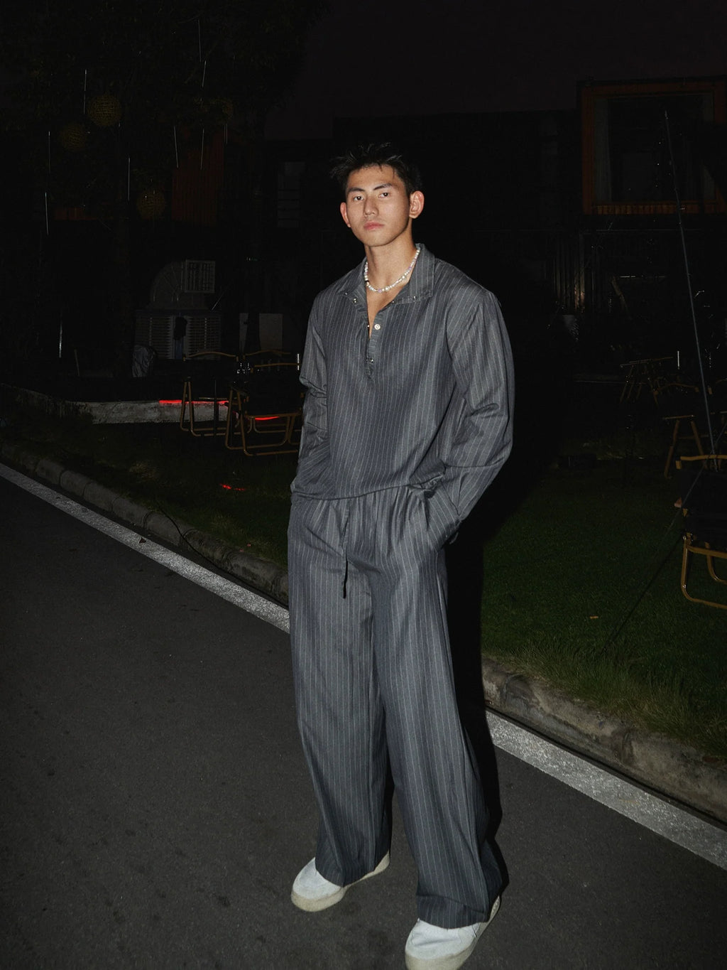 Striped Henley Leisure Shirt and Pants Setup