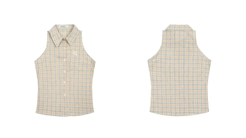 Plaid Sleeveless Button-Up Shirt with Brown Pleated Skirt